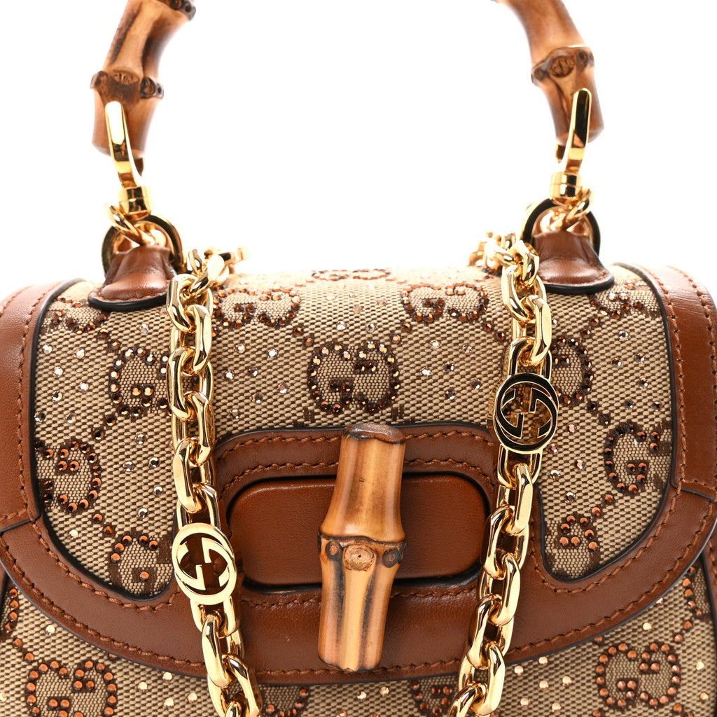 Gucci New Canvas Charisma Calfskin Crystal GG Monogram Small Bamboo 1947 Top Handle Bag Camel Ebony