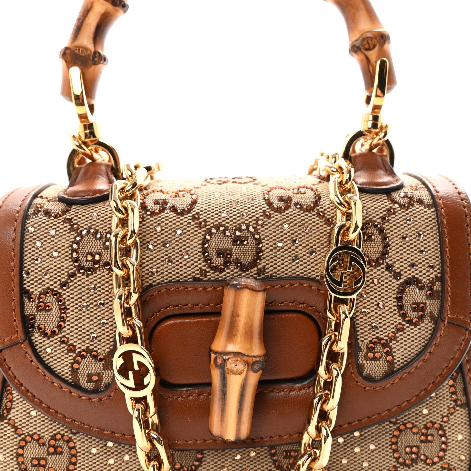 Gucci New Canvas Charisma Calfskin Crystal GG Monogram Small Bamboo 1947 Top Handle Bag Camel Ebony