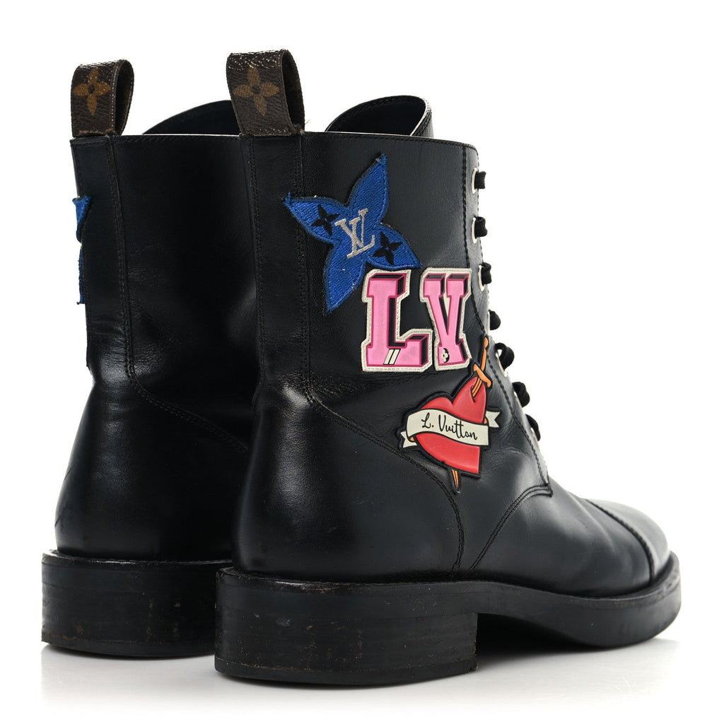 Louis Vuitton Calfskin LV Black Heart Flat Ranger Boots 37 Black