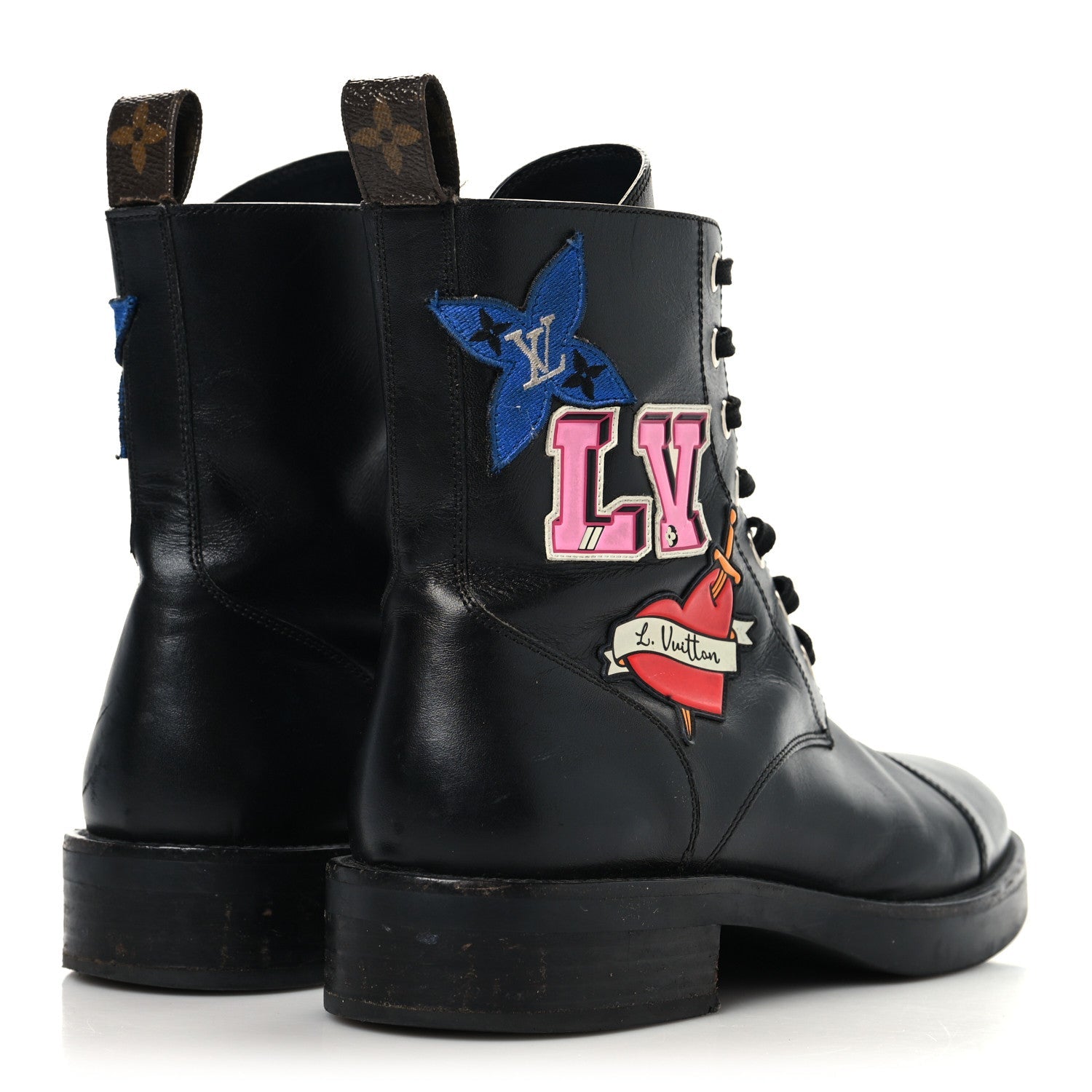 Louis Vuitton Calfskin LV Black Heart Flat Ranger Boots 37 Black