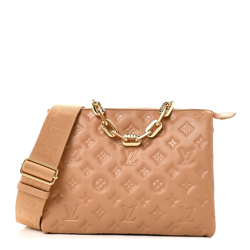 Louis Vuitton Lambskin Embossed Monogram Coussin PM Camel