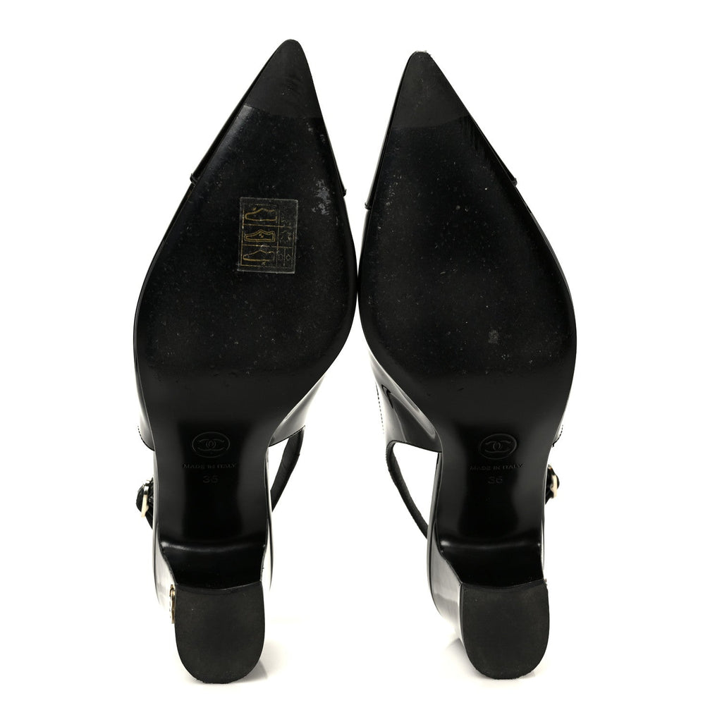 Patent Calfskin Cap Toe CC Slingback Pumps 36 Black