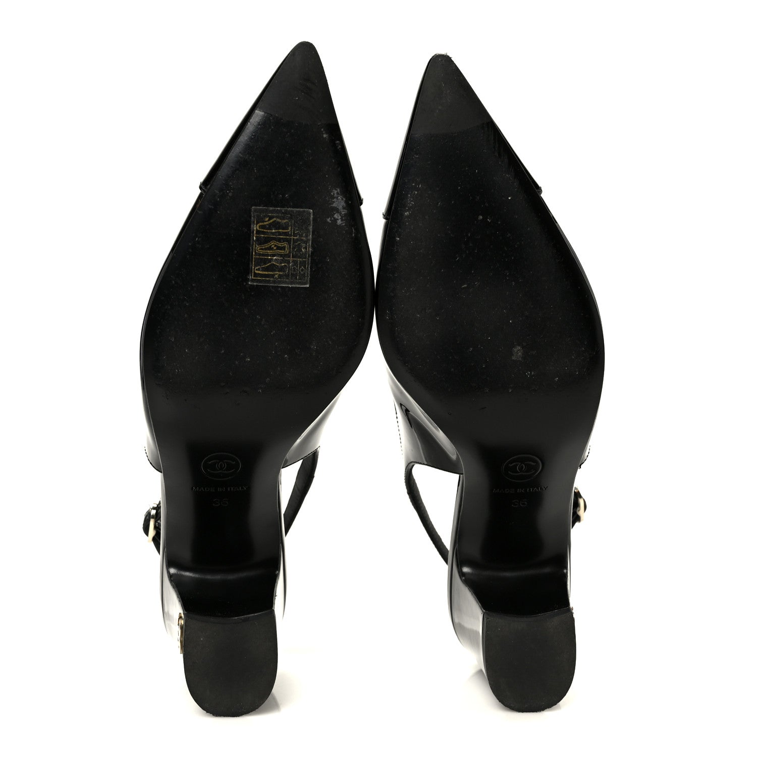 Patent Calfskin Cap Toe CC Slingback Pumps 36 Black