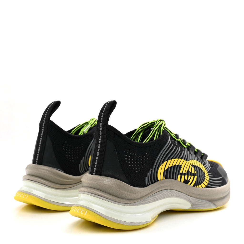 Gucci Technical Knit Fabric Waves Womens Gucci Run Sneakers 35.5 Black Silver Giallo Neon Yellow