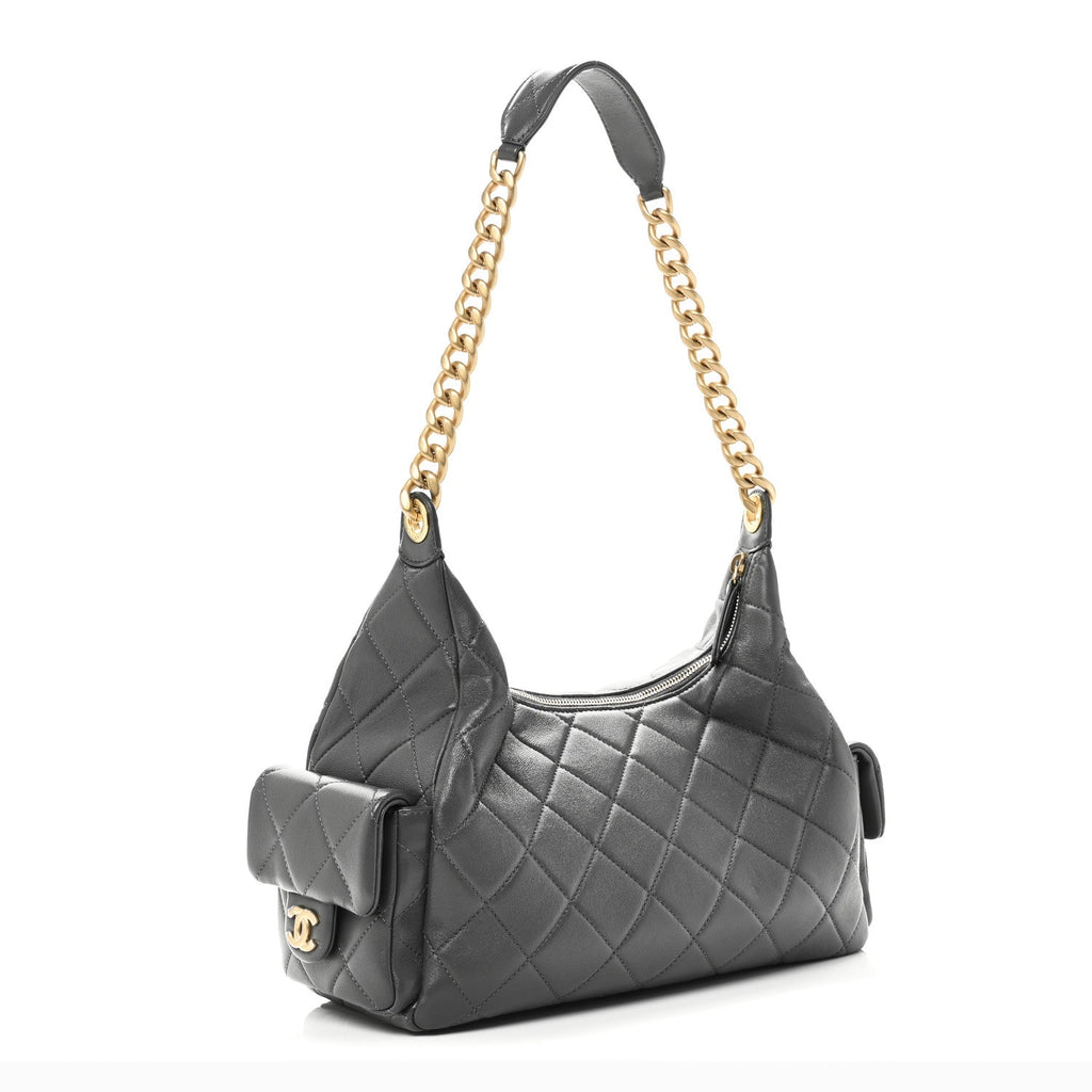 Chanel Shiny Lambskin Quilted Large Trendy Pockets Hobo Grey
