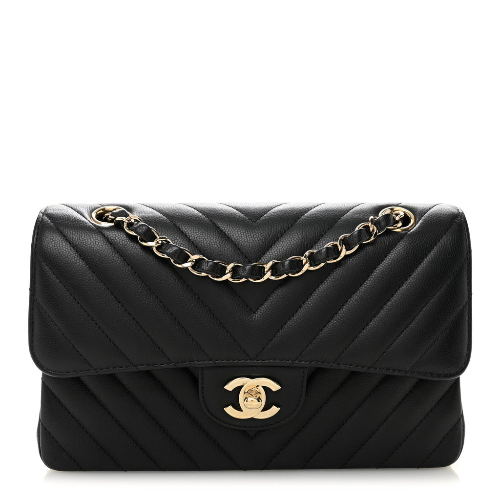 Chanel Caviar Flat Chevron Quilted Small Double Flap Black