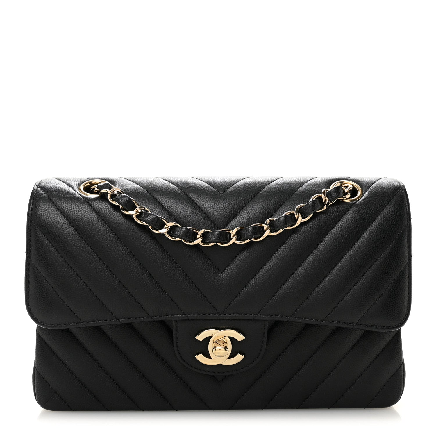 Chanel Caviar Flat Chevron Quilted Small Double Flap Black