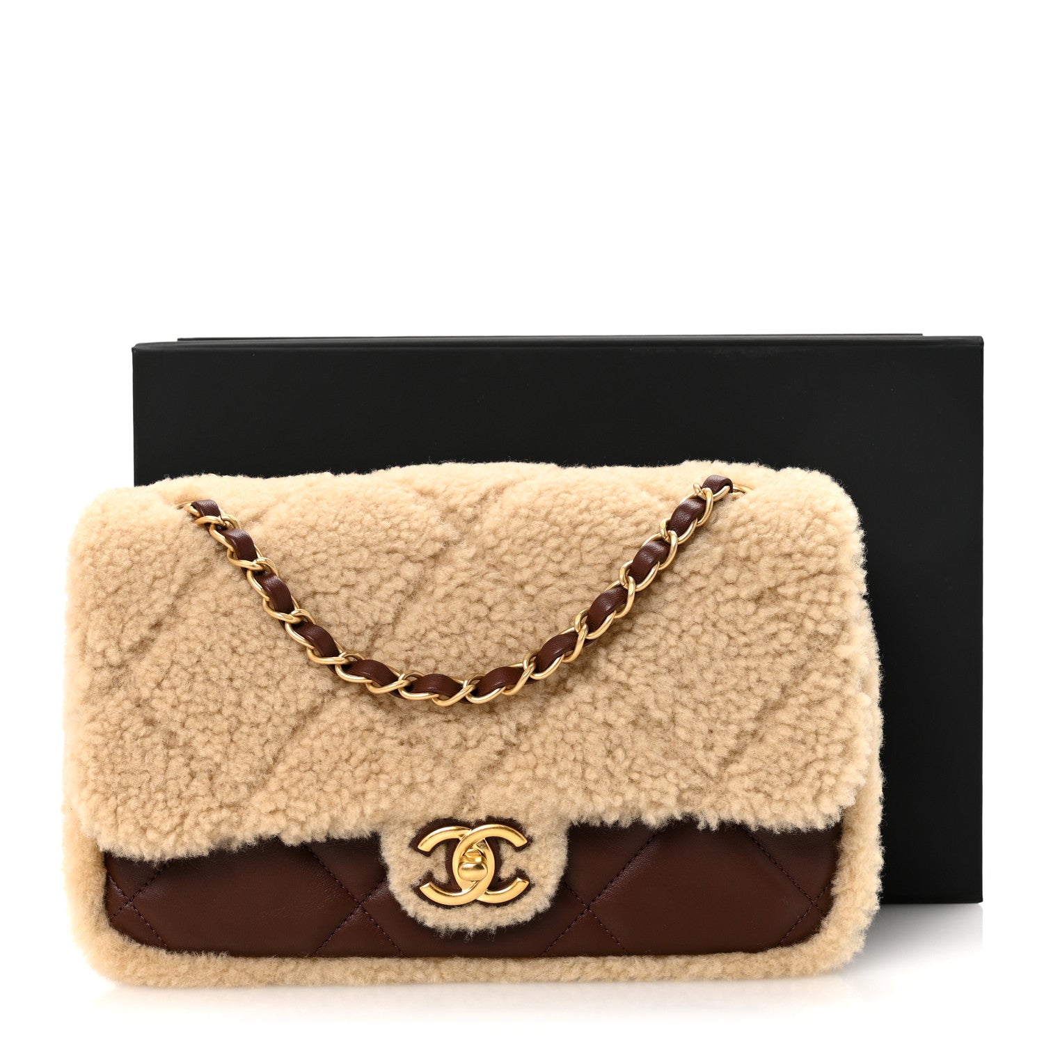 Chanel Shearling Lambskin Quilted Furry Coco Flap Dark Brown Beige