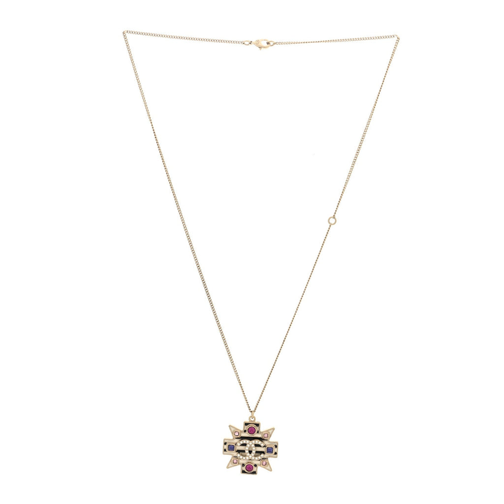 Crystal Enamel Stripe CC Pendant Necklace Gold Multicolor