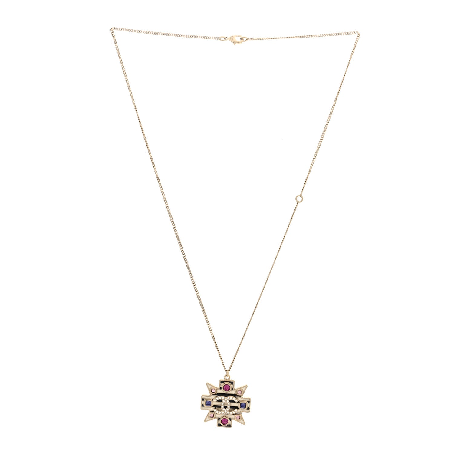Crystal Enamel Stripe CC Pendant Necklace Gold Multicolor
