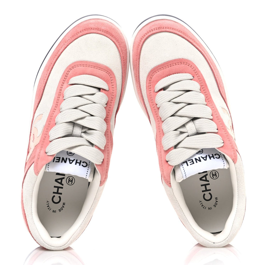 Chanel Suede Kidskin Womens CC Sneakers 35.5 White Pink