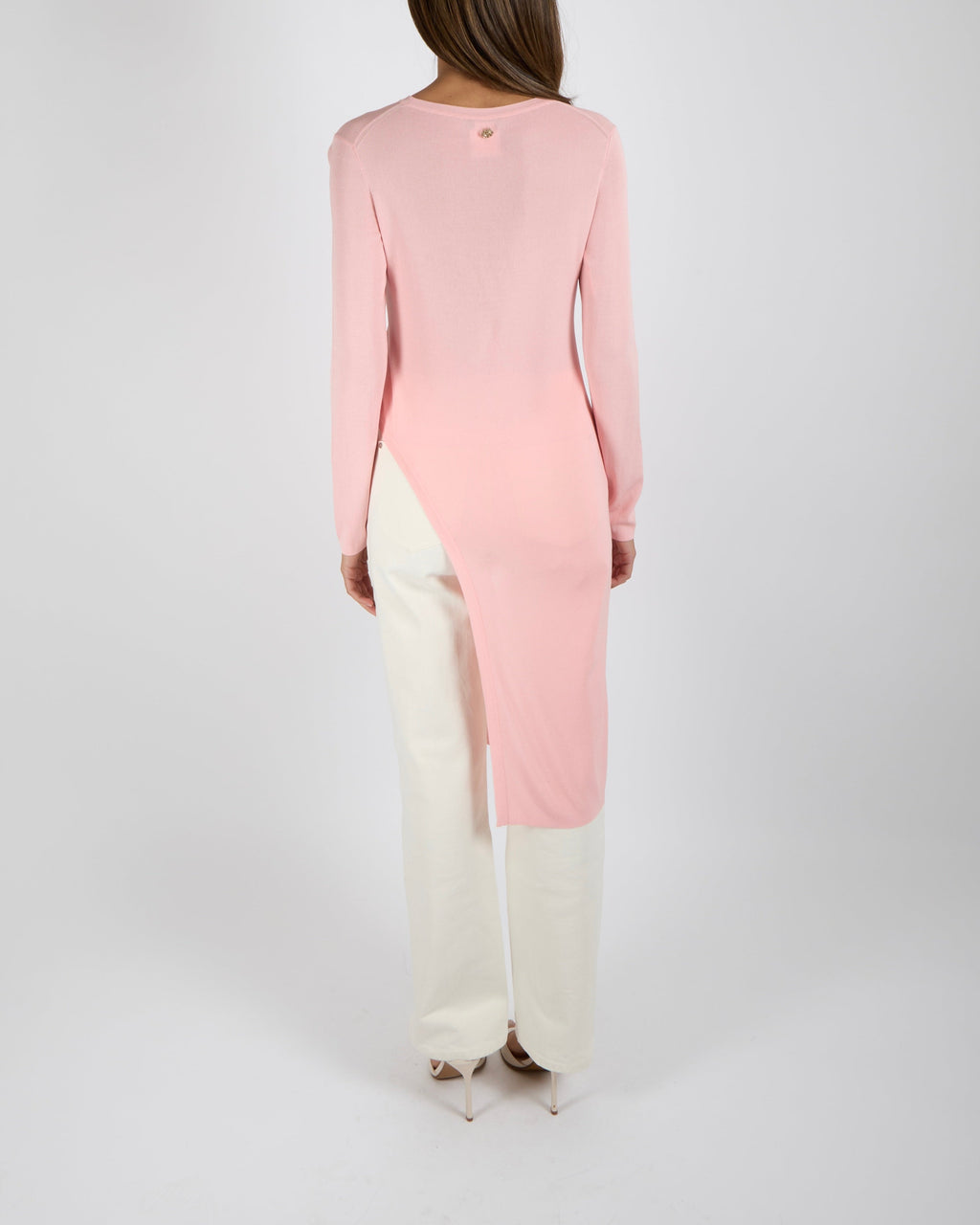 Chanel Resort 2016 Paris Seoul Pink Long-Sleeved Asymmetric Top with Gold CC Logo Button Detail Size FR 36 (UK 8)
