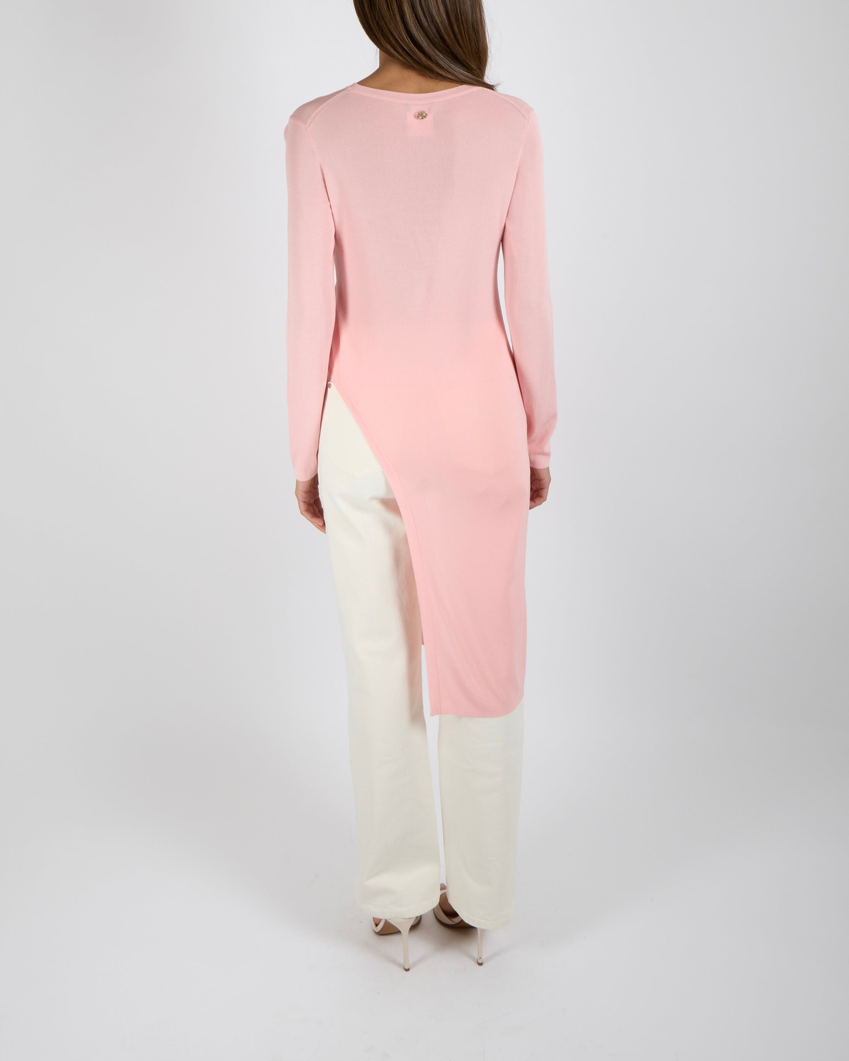 Chanel Resort 2016 Paris Seoul Pink Long-Sleeved Asymmetric Top with Gold CC Logo Button Detail Size FR 36 (UK 8)