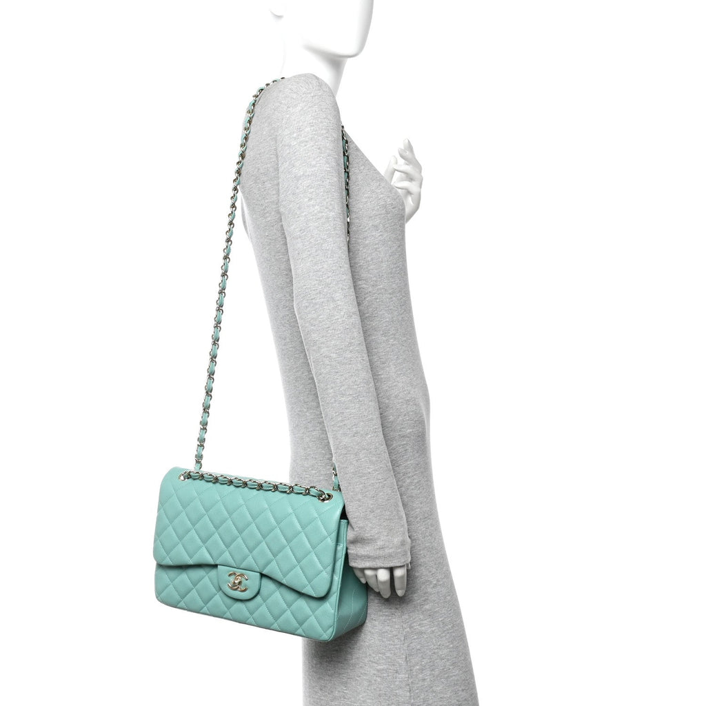 Chanel Caviar Quilted Jumbo Double Flap Light Green