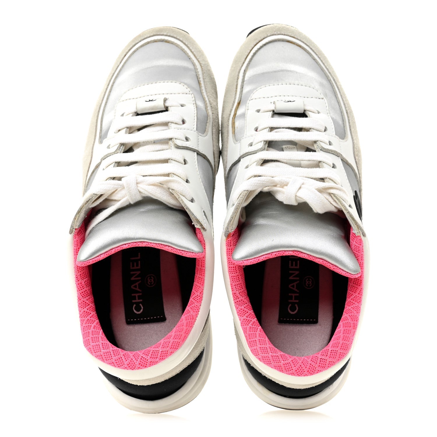 Calfskin Fabric Sneakers 36 White Silver Fluo Pink