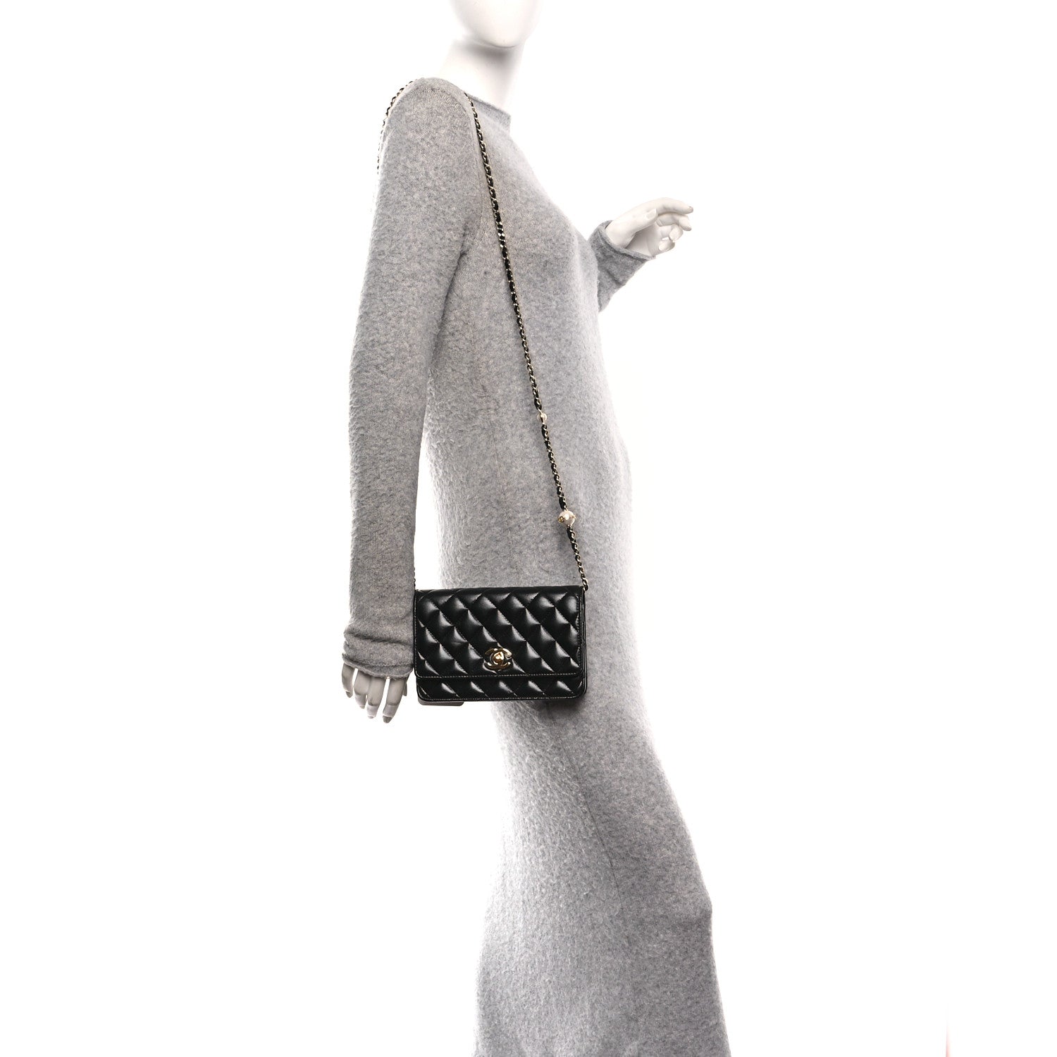 Chanel Shiny Lambskin Quilted CC Pearl Wallet on Chain WOC Black