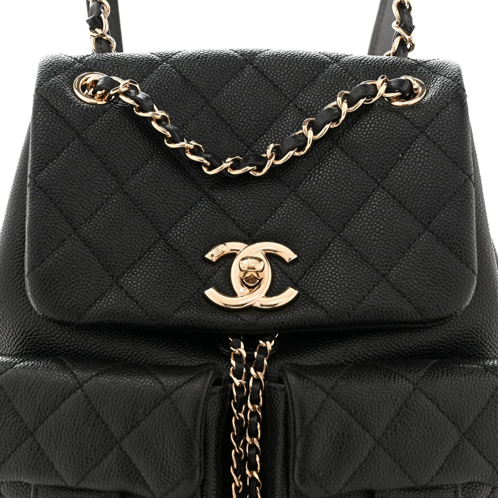 Chanel Shiny Caviar Quilted Medium Duma Pockets Drawstring Backpack Black