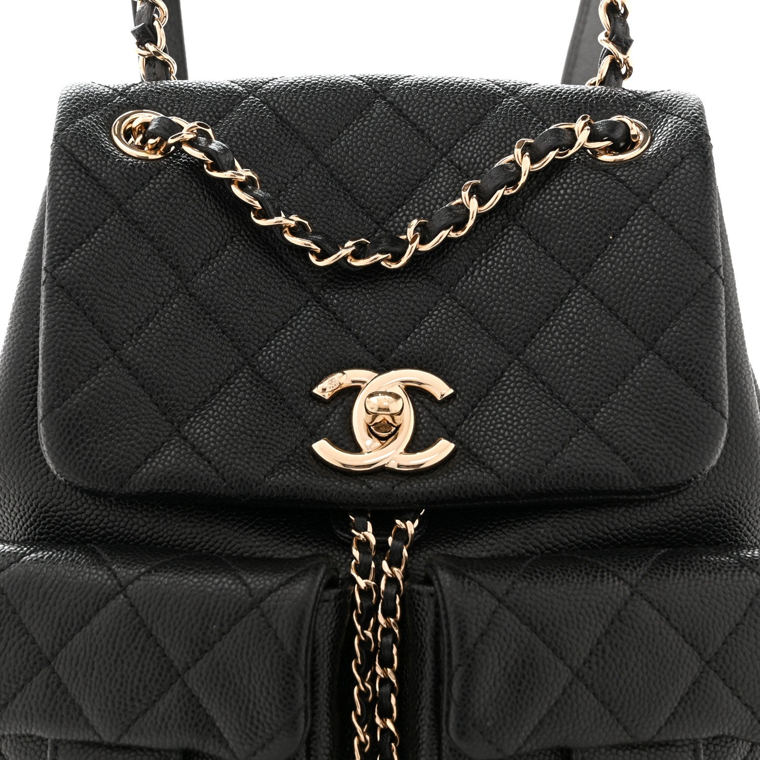 Chanel Shiny Caviar Quilted Medium Duma Pockets Drawstring Backpack Black