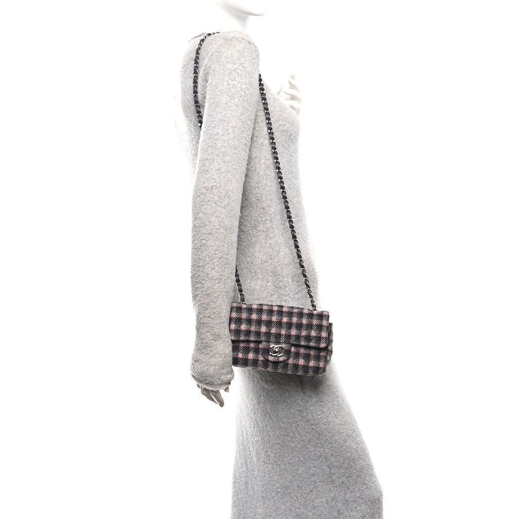 Chanel Wool Plaid Quilted Mini Rectangular Flap Pink Grey Multicolor