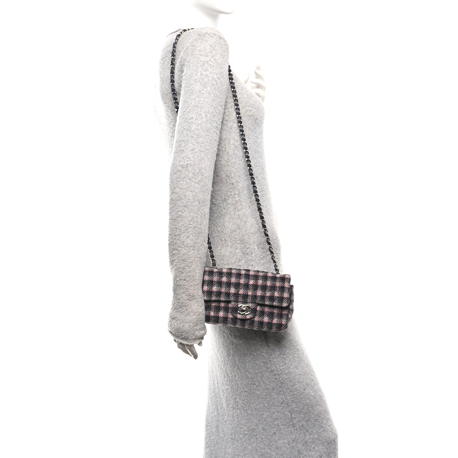 Chanel Wool Plaid Quilted Mini Rectangular Flap Pink Grey Multicolor