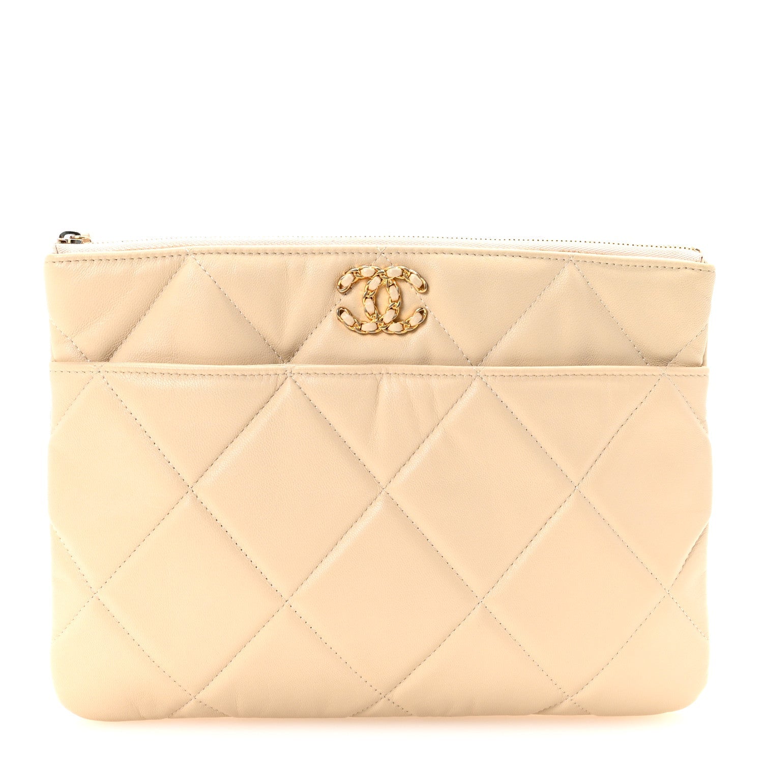 Chanel Shiny Goatskin Quilted Chanel 19 Pouch Beige