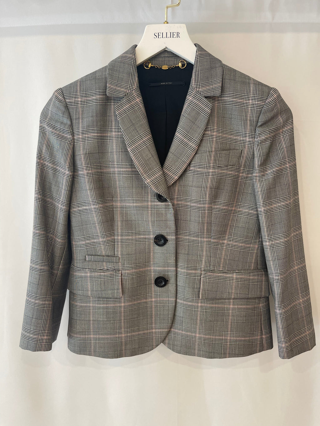 Gucci Grey Wool Checked Blazer Jacket with Logo Buttons Size IT 38 (UK 6)