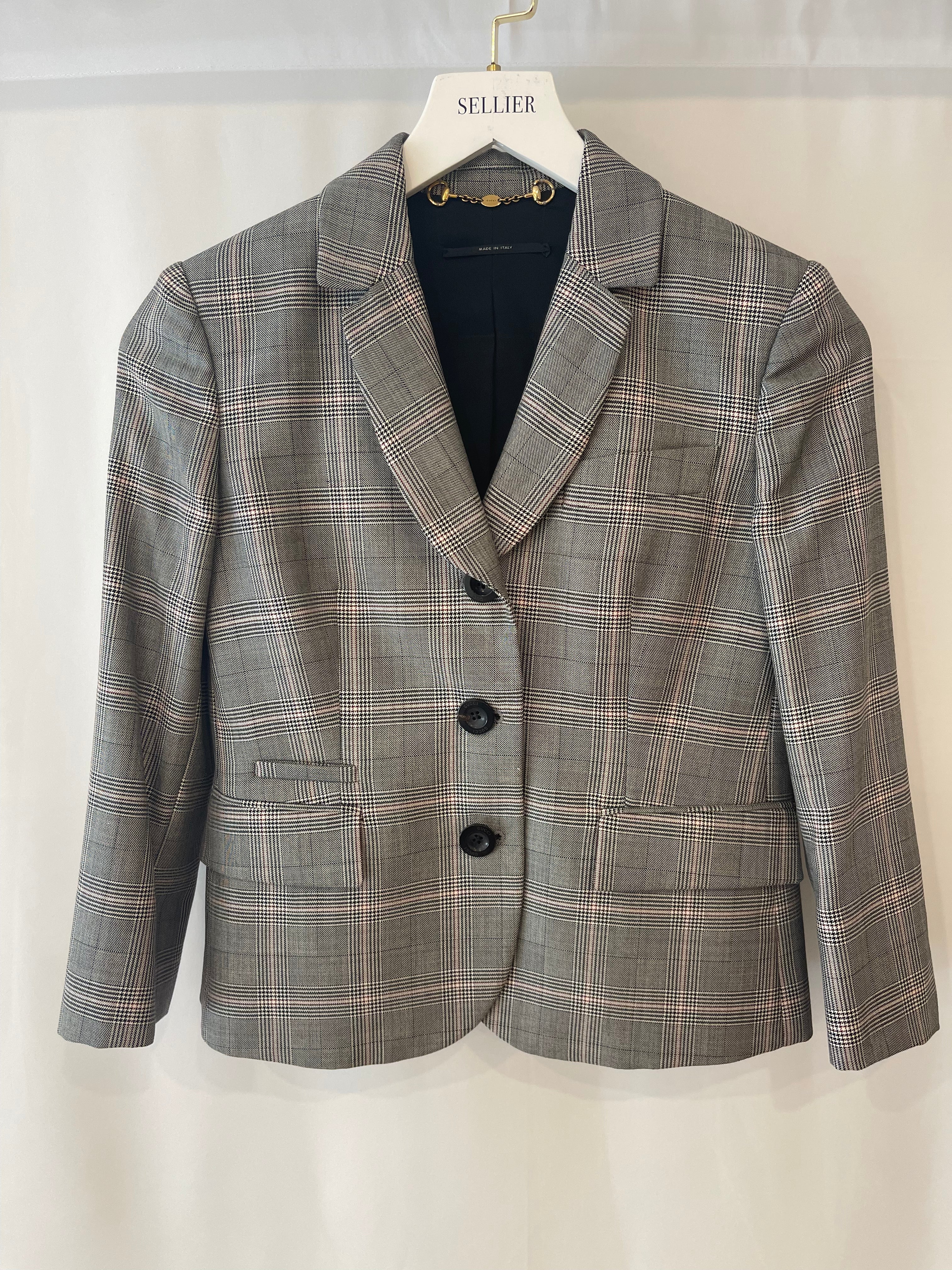 Gucci Grey Wool Checked Blazer Jacket with Logo Buttons Size IT 38 (UK 6)