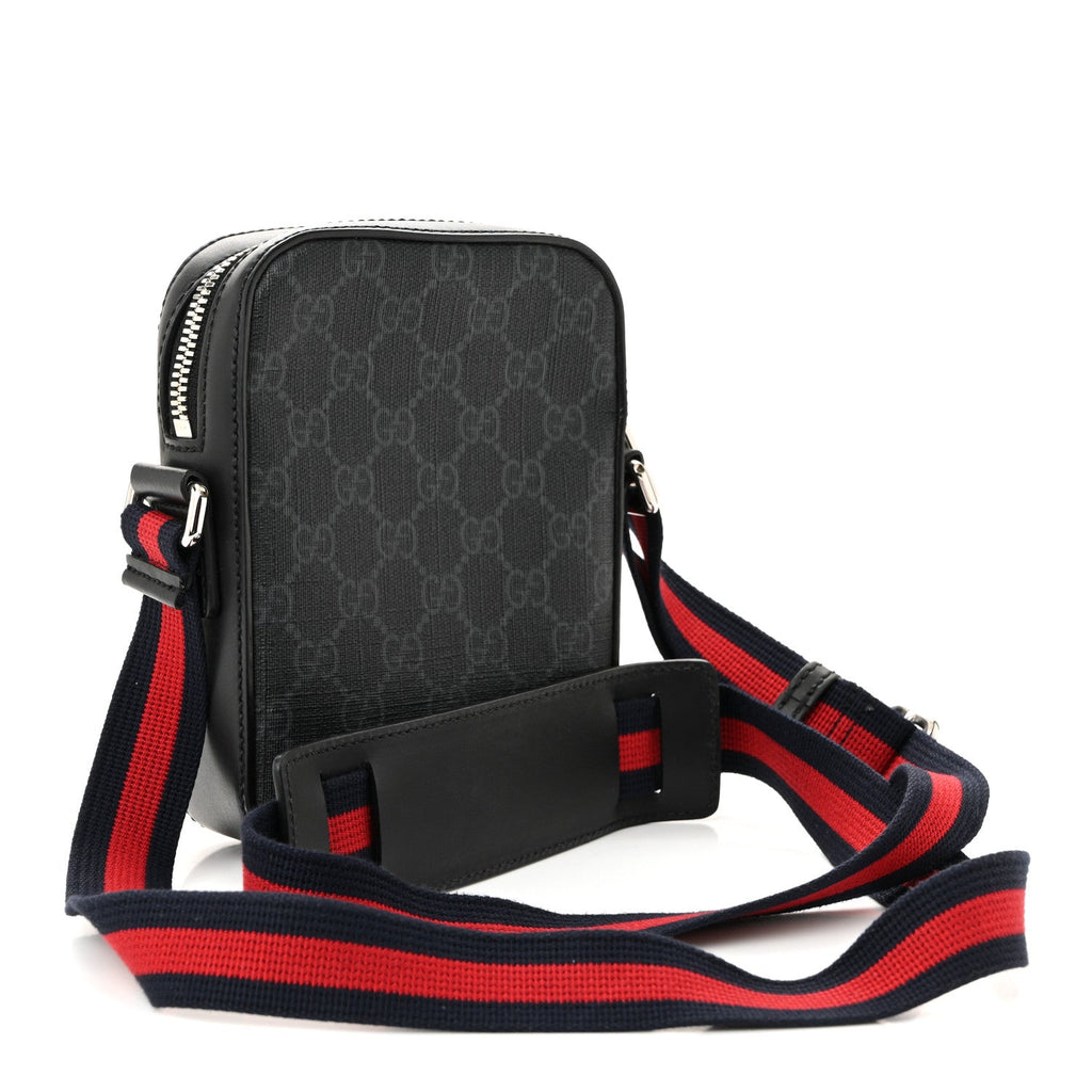 Gucci GG Supreme Monogram Appia Calfskin Web Small Camera Messenger Bag Black Grey