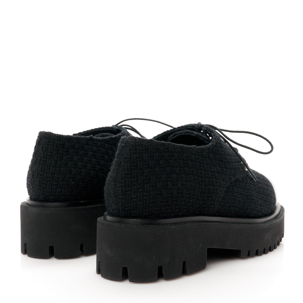 Chanel Wool Tweed Calfskin Lace-Up Loafers 38.5 Black