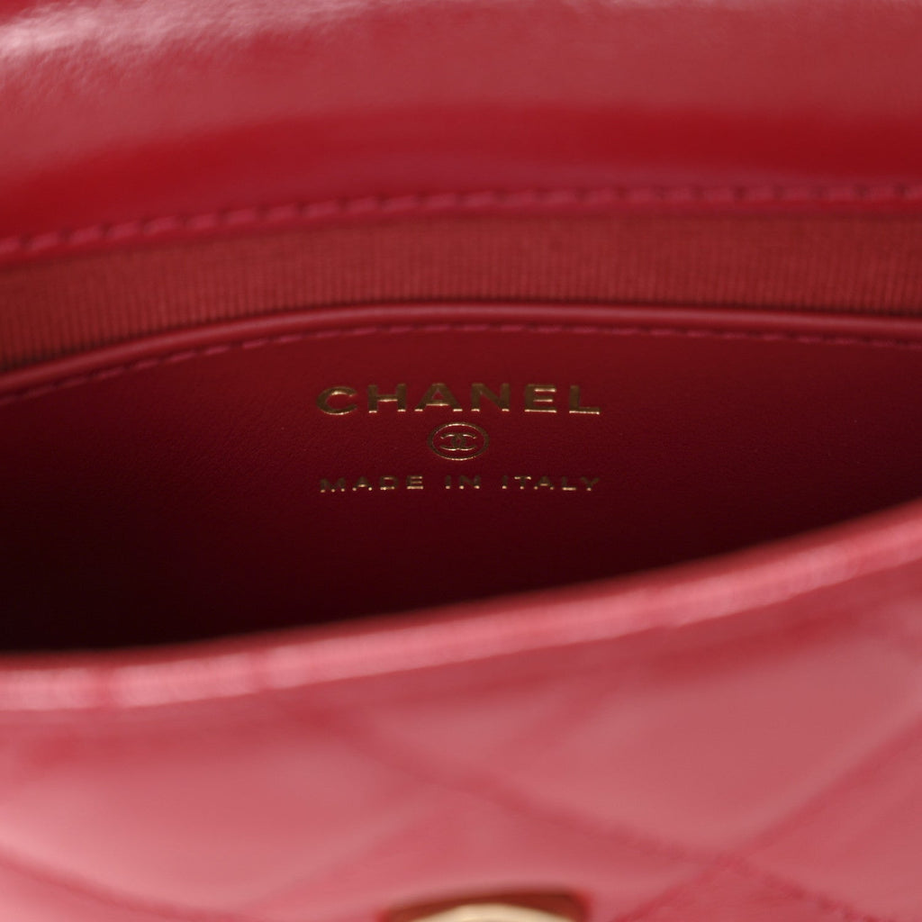 Chanel Shiny Lambskin Quilted Mini Metal Top Handle Clutch With Chain  Red