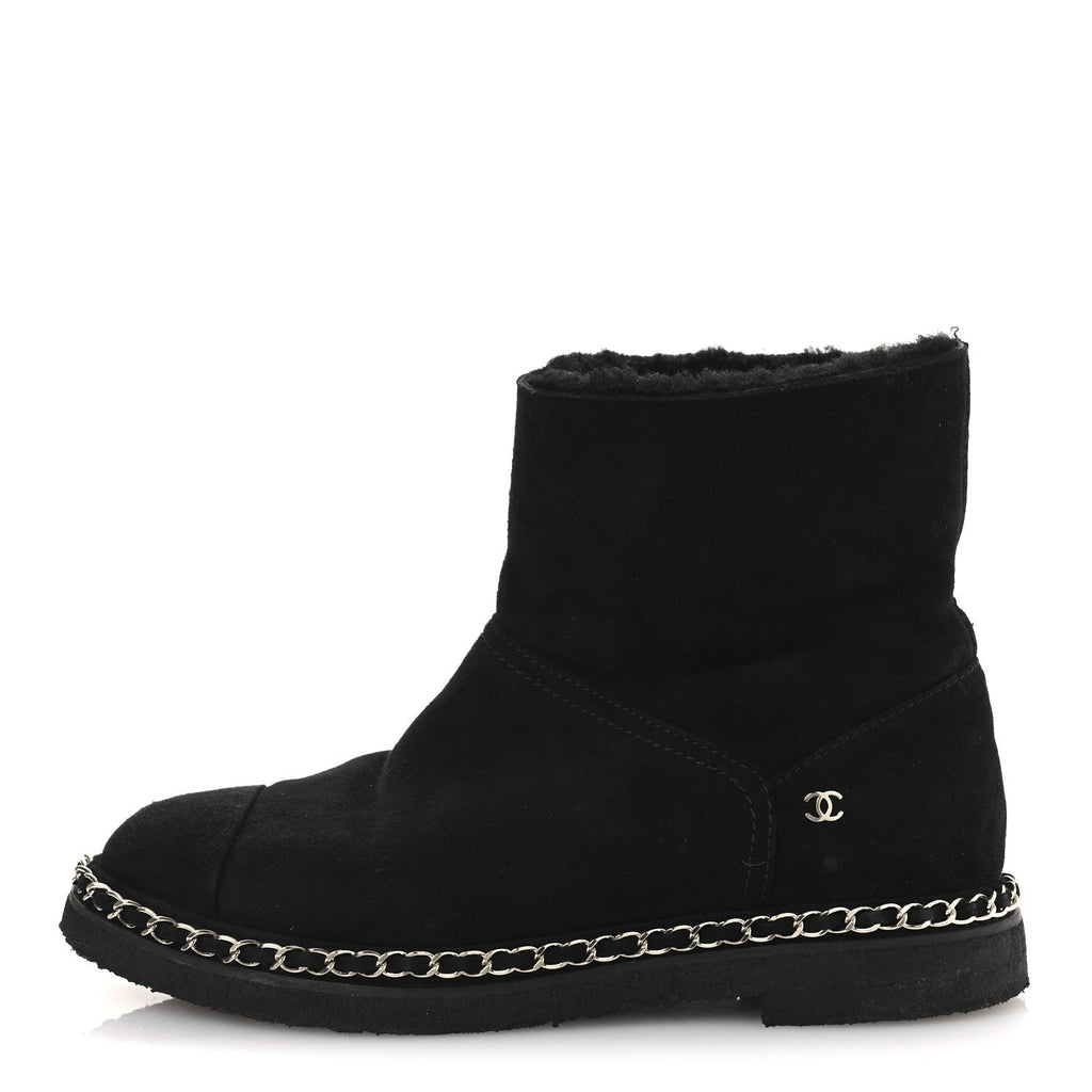 Kid Suede Shearling Womens Cap Toe Chain Short Boots 38 Black