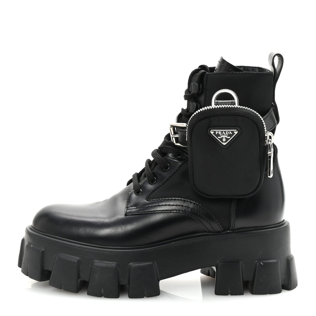 Prada Spazzolato Rois Nylon Metal Triangle Logo Monolith Pouch Pocket 55mm Boots 38 Black