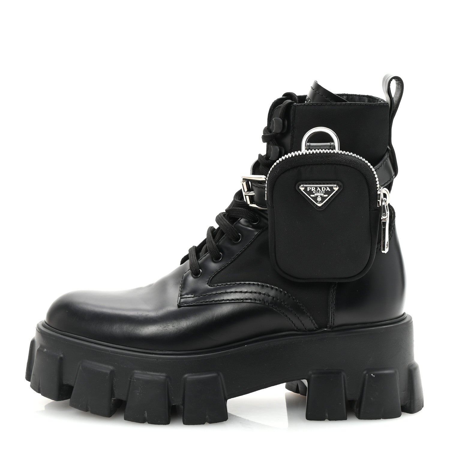 Prada Spazzolato Rois Nylon Metal Triangle Logo Monolith Pouch Pocket 55mm Boots 38 Black