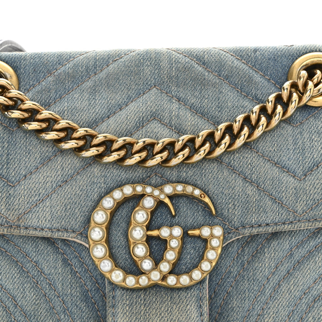 Gucci Denim Matelasse Mini Pearly GG Marmont Shoulder Bag Blue