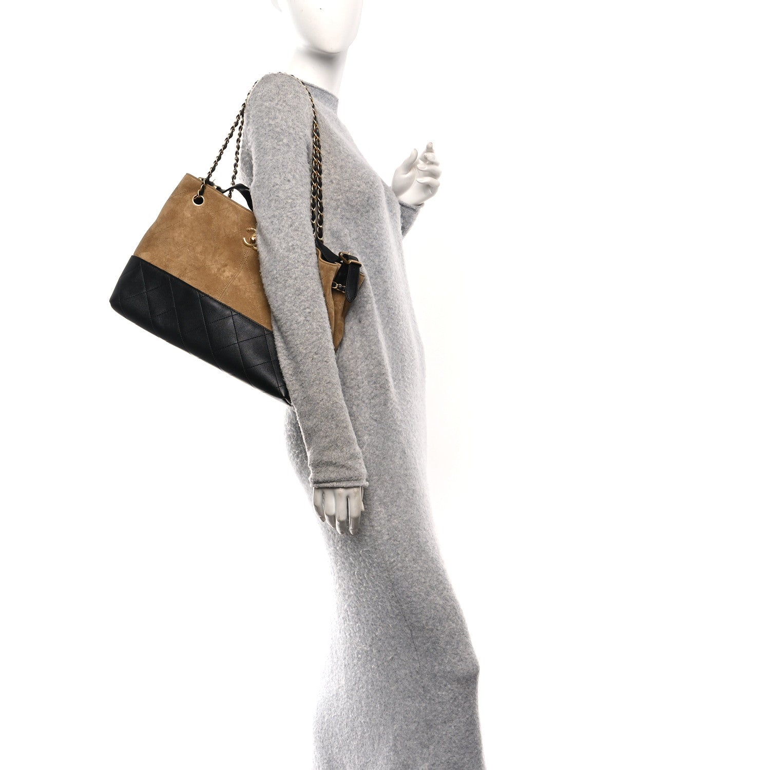 Chanel Suede Calfskin Shiny Lambskin Quilted Small Coco Base Shopping Bag Beige Black