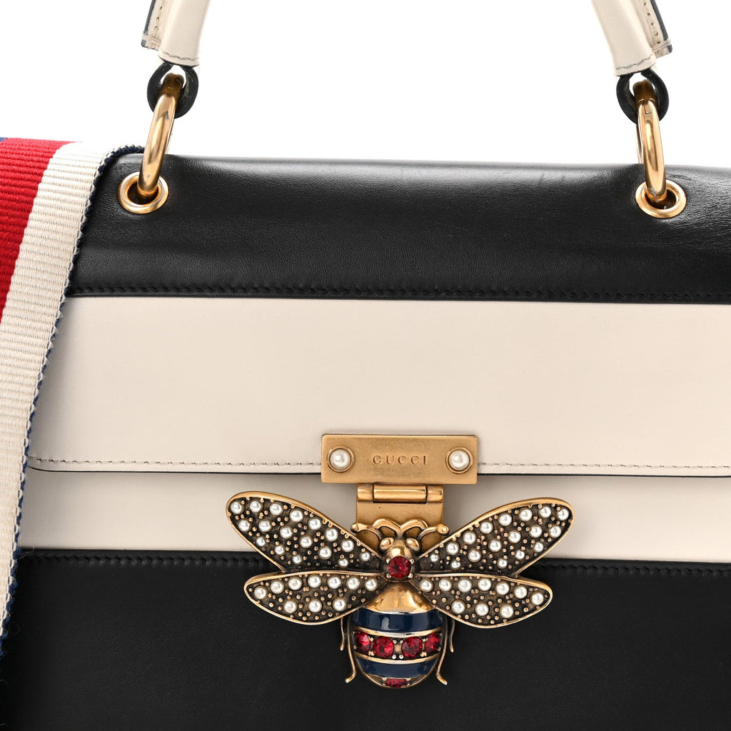Gucci Calfskin Sylvie Web Small Queen Margaret Top Handle Bag Black White