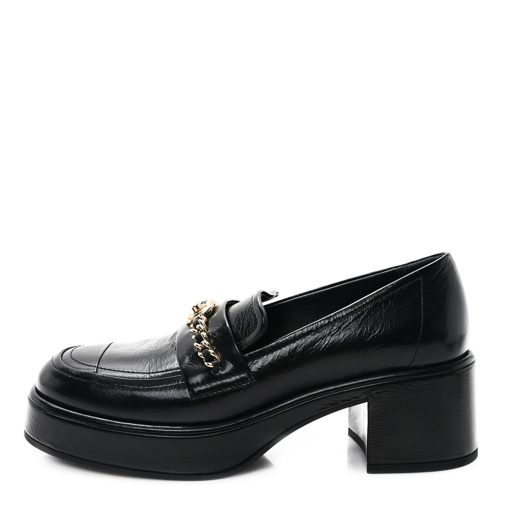 Chanel Shiny Calfskin Logo Loafers 36.5 Black
