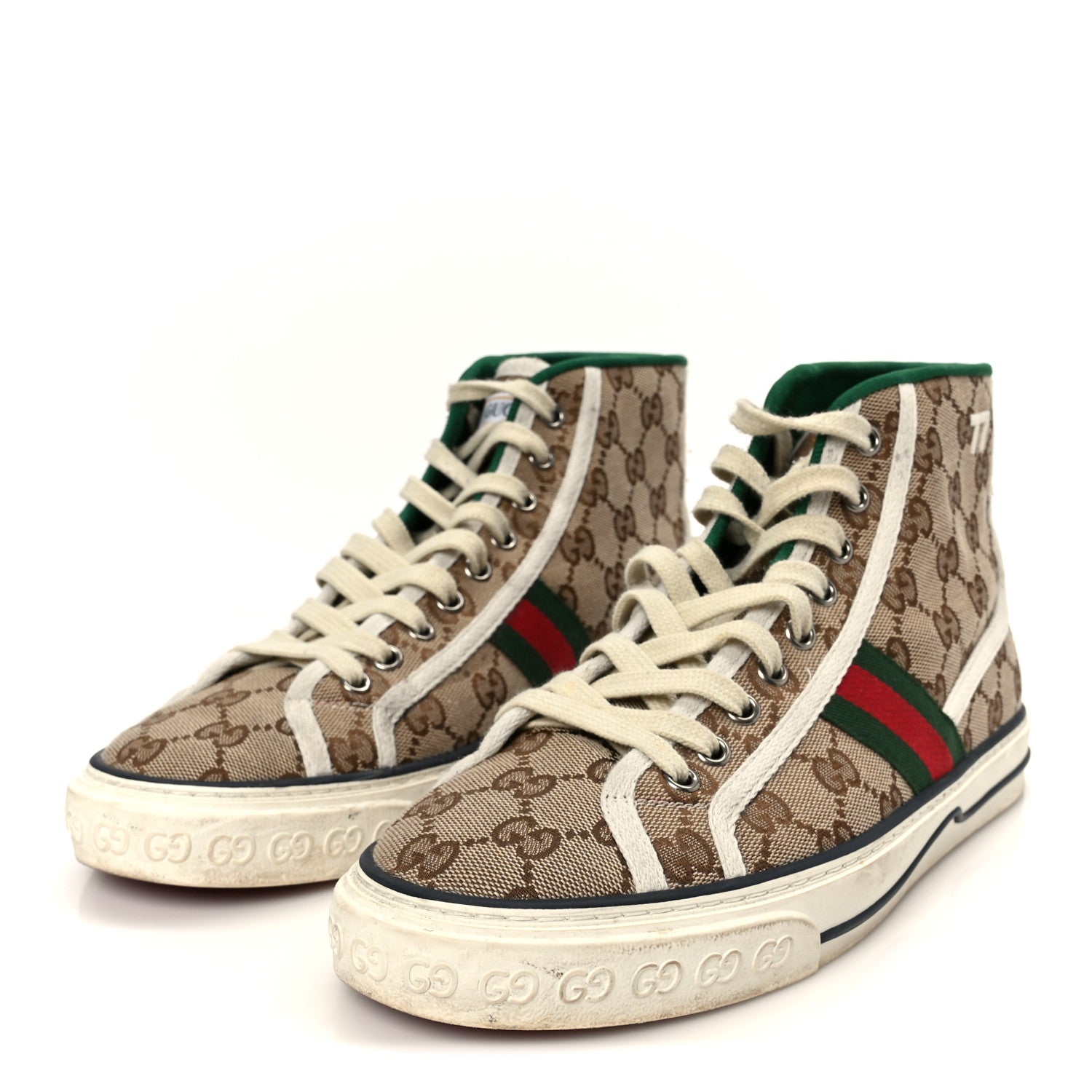 Gucci GG Monogram Web Mens 1977 Tennis High Top Sneakers 6.5 Beige Ebony Mystic White
