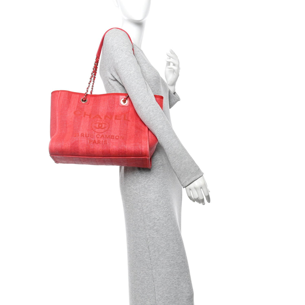 Chanel Mixed Fibers Striped Small Deauville Tote Red