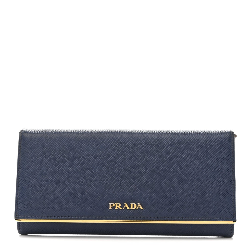 Prada Saffiano Metal Bar Continental Flap Wallet Bluette