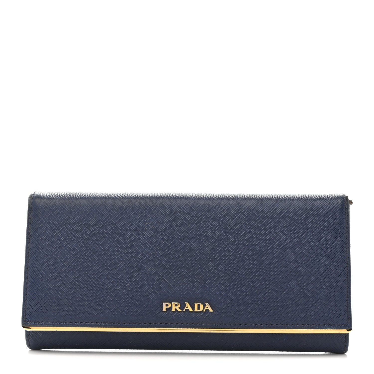 Prada Saffiano Metal Bar Continental Flap Wallet Bluette