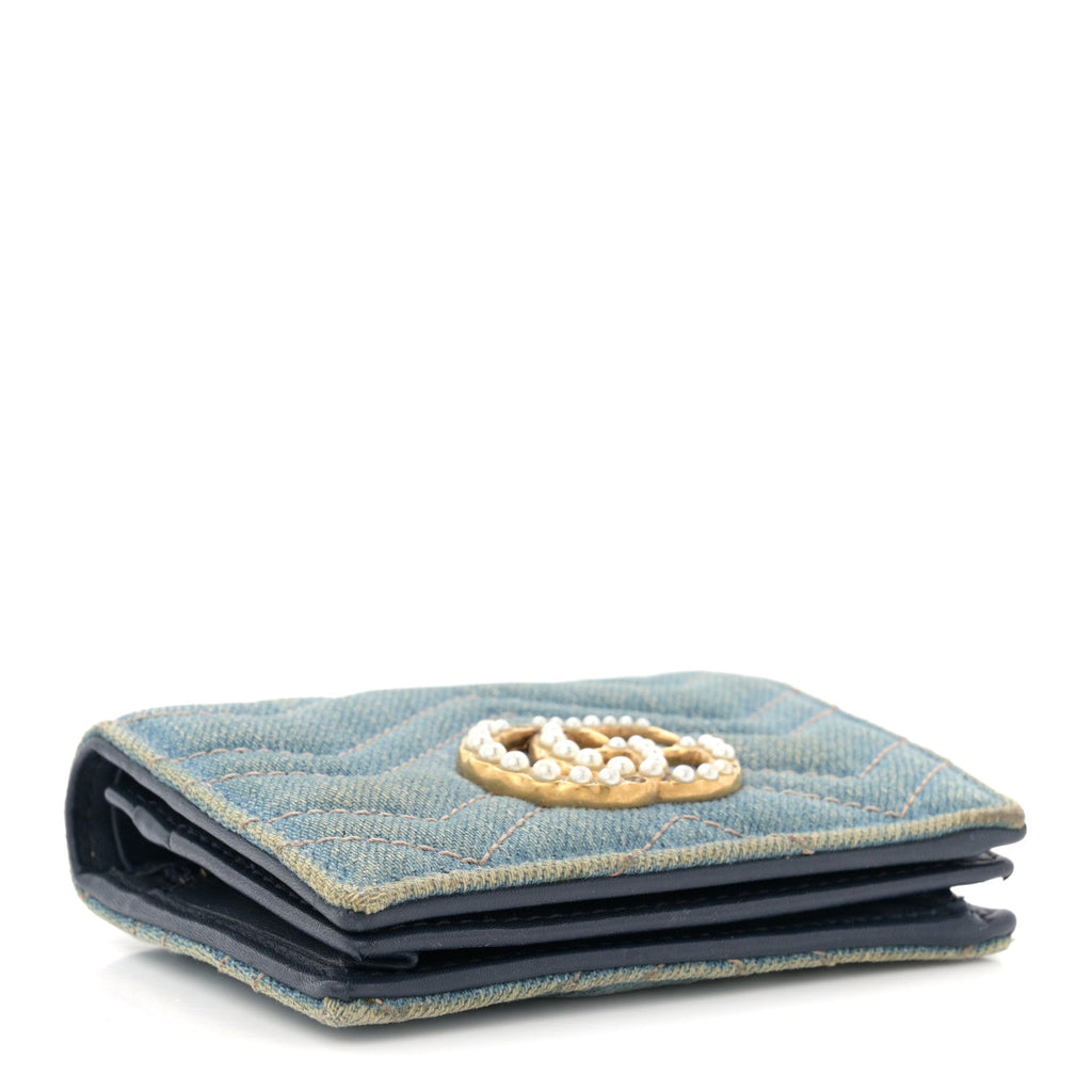 Gucci Denim Matelasse Pearly GG Marmont Card Case Wallet Blue