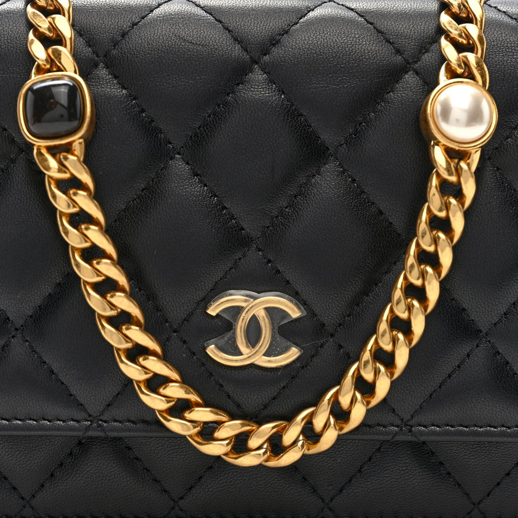 Chanel Lambskin Quilted CC Pearl Enamel Clutch on Chain WOC Black