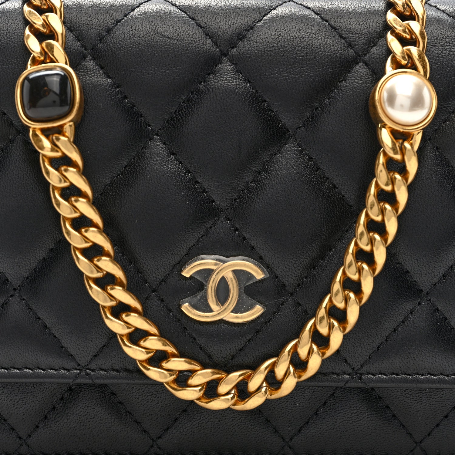 Chanel Lambskin Quilted CC Pearl Enamel Clutch on Chain WOC Black
