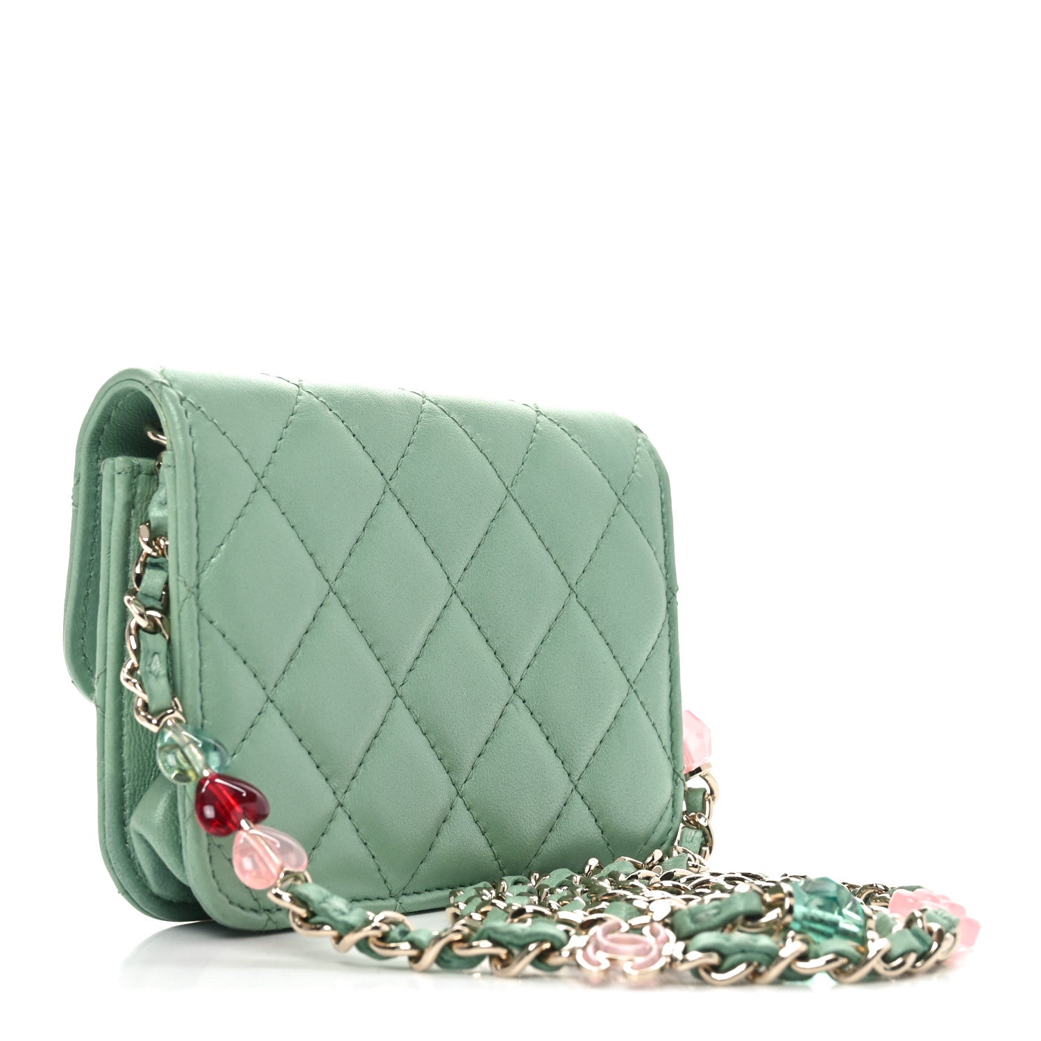 Chanel Lambskin Resin Quilted Mini Heart Flap Light Green