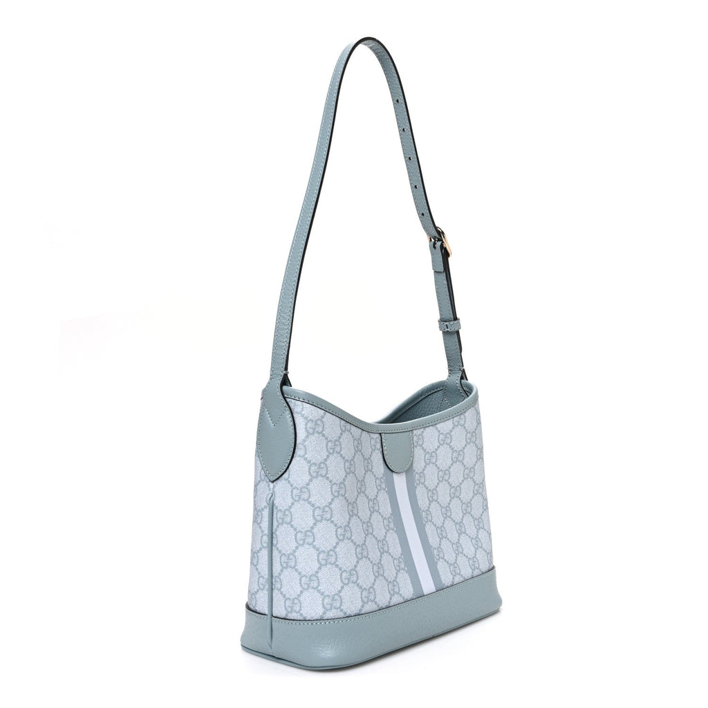 Gucci GG Supreme Monogram Textured Dollar Calfskin Web Small Ophidia Bucket Shoulder Bag Dusty Blue