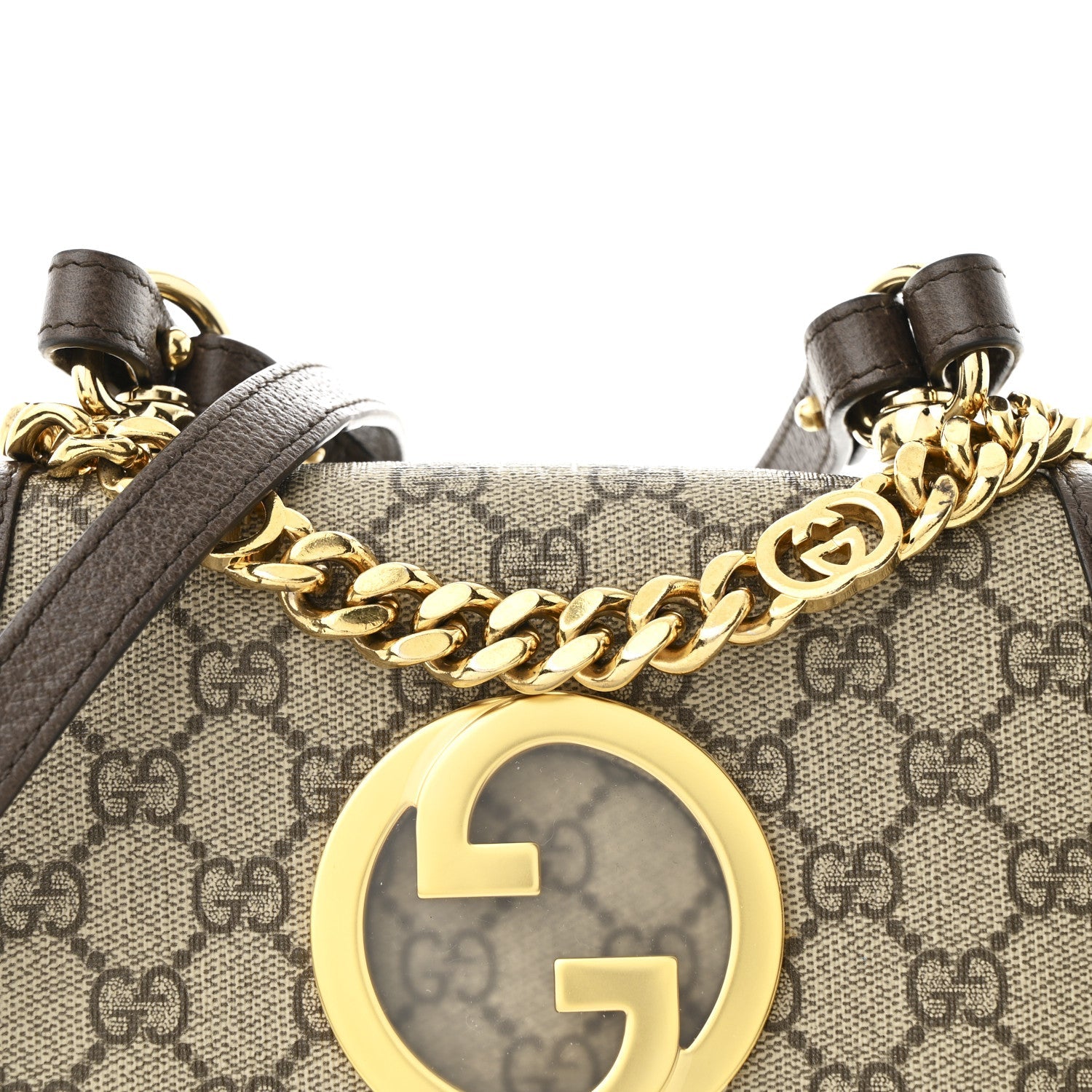Gucci GG Supreme Monogram Textured Dollar Calfskin Mini Blondie Chain Shoulder Flap Bag Beige Ebony New Acero