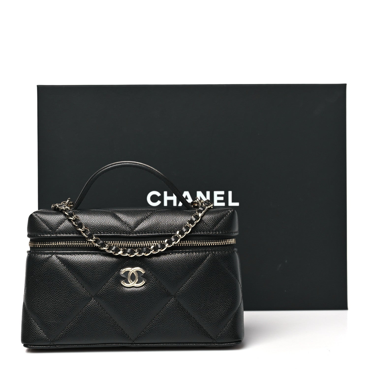 Chanel Caviar Quilted Top Handle Slim Vanity With Chain Black