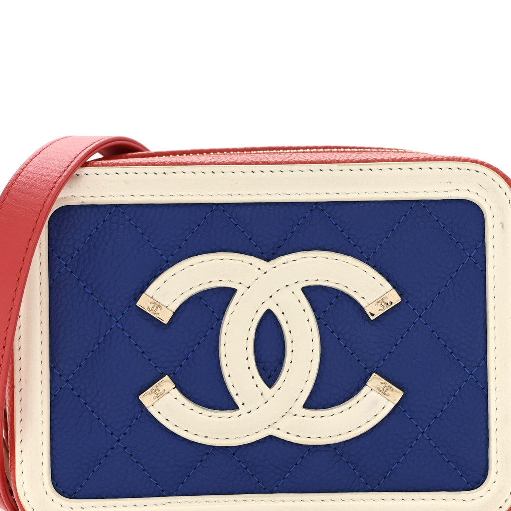 Chanel Caviar Quilted Filigree Vanity Clutch With Chain Blue White Red