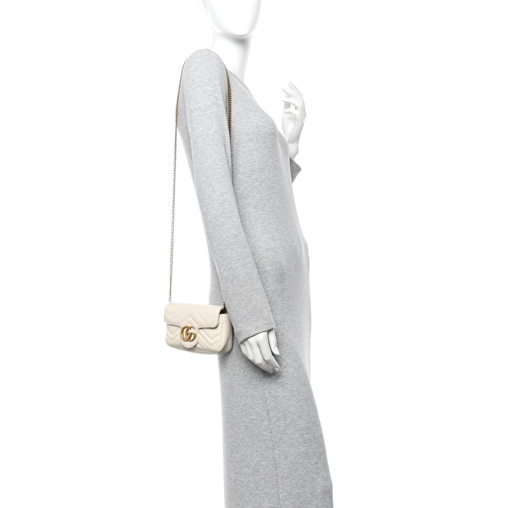 Gucci Calfskin Matelasse Super Mini GG Marmont Shoulder Bag White